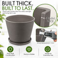 Kozyard planter features durable 11 mm thick-wall construction designed for strength, stability and everyday use. This sturdy large plant pot with matching saucer combines a modern textured finish with heavy-duty construction for medium to large plants, flowers and houseplants. Ideal as an indoor outdoor planter for living room, patio, porch, garden, office and entryway decor.