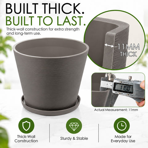 Kozyard planter features durable 11 mm thick-wall construction designed for strength, stability and everyday use. This sturdy large plant pot with matching saucer combines a modern textured finish with heavy-duty construction for medium to large plants, flowers and houseplants. Ideal as an indoor outdoor planter for living room, patio, porch, garden, office and entryway decor.