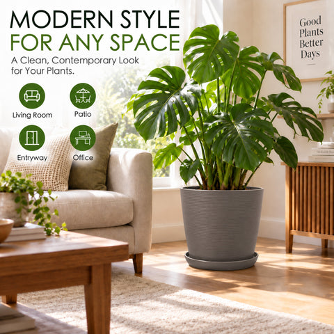 Kozyard modern planter with matching saucer brings a clean contemporary look to living rooms, patios, entryways, offices and other indoor outdoor spaces. Shown with a large Monstera plant, this stylish textured plant pot is ideal for medium to large houseplants, tropical plants, flowers and greenery, combining decorative modern home styling with versatile placement throughout the home and garden.