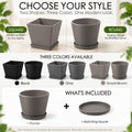 Kozyard modern planters are available in round and square shapes with black, gray and grayish brown color options for versatile indoor outdoor decor. Each plant pot includes one matching saucer and features a clean contemporary textured design for houseplants, flowers and greenery. Ideal large planter for living room, office, entryway, patio, porch, balcony, garden and modern home landscaping.