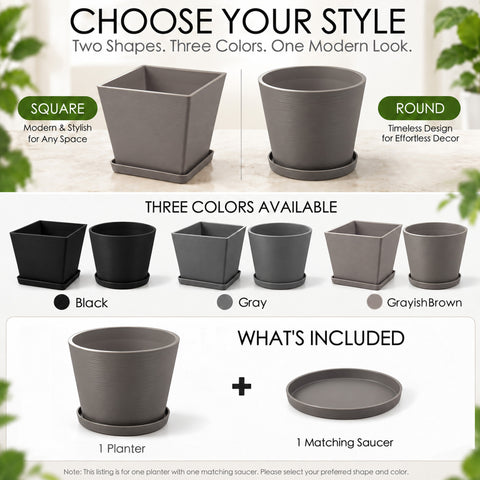 Kozyard modern planters are available in round and square shapes with black, gray and grayish brown color options for versatile indoor outdoor decor. Each plant pot includes one matching saucer and features a clean contemporary textured design for houseplants, flowers and greenery. Ideal large planter for living room, office, entryway, patio, porch, balcony, garden and modern home landscaping.