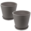 Two brown plastic plant pots with attached saucers, showcasing a sleek, functional design perfect for indoor or outdoor use.Brown Plastic Plant Pots with Saucers – Set of 2. brown plastic plant pots, plant pots with saucers, plastic planters, set of 2 planters, indoor - outdoor planters