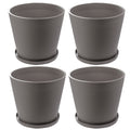 Four brown plastic plant pots with attached saucers are displayed against a white background. The pots have a sleek, textured design, suitable for both indoor and outdoor use.Set of 4 Brown Plastic Plant Pots with Saucers.brown plastic plant pots, plant pots with saucers, set of 4 planters, indoor - outdoor planters, textured planters.