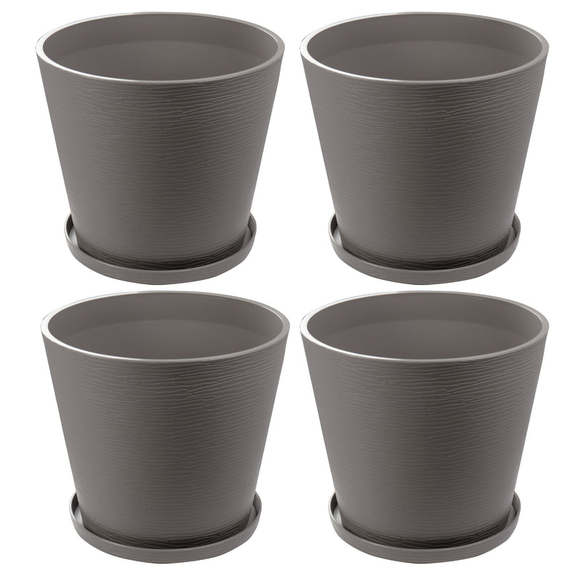 Four brown plastic plant pots with attached saucers are displayed against a white background. The pots have a sleek, textured design, suitable for both indoor and outdoor use.Set of 4 Brown Plastic Plant Pots with Saucers.brown plastic plant pots, plant pots with saucers, set of 4 planters, indoor - outdoor planters, textured planters.