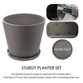 This image presents a brown plastic planter set. The main planter bucket is shown with a close - up of its 11mm thickness measured by a digital caliper. There are also insets of the inside bottom of the pot and the water tray that comes with the planter. The text "STURDY PLANTER SET" emphasizes the quality of the product, stating that the planter bucket is made of copolymer PP material with a thickness of 11mm and includes a matching water tray.Sturdy Brown Plastic Planter Set: 11mm Copolymer PP Material. 