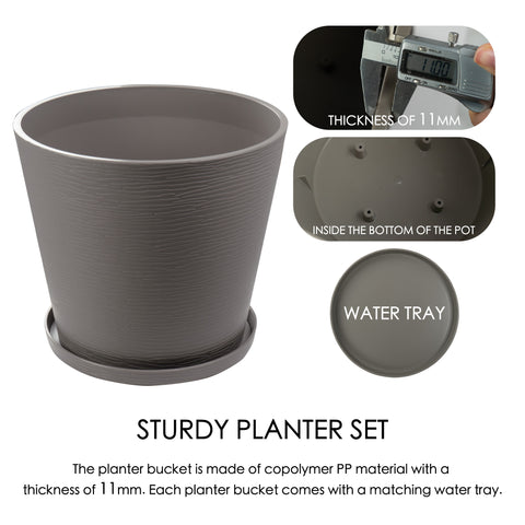 This image presents a brown plastic planter set. The main planter bucket is shown with a close - up of its 11mm thickness measured by a digital caliper. There are also insets of the inside bottom of the pot and the water tray that comes with the planter. The text "STURDY PLANTER SET" emphasizes the quality of the product, stating that the planter bucket is made of copolymer PP material with a thickness of 11mm and includes a matching water tray.Sturdy Brown Plastic Planter Set: 11mm Copolymer PP Material. 