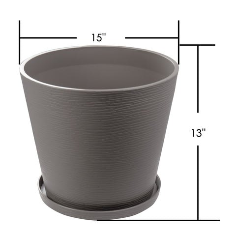 A brown plastic plant pot with a textured surface, accompanied by a matching saucer at the base. The pot has a top diameter of 15 inches and a height of 13 inches, as indicated by the measurement markings.15x13 Inch Brown Plastic Plant Pot with Saucer. brown plastic plant pot, plant pot with saucer, 15 - inch planter, 13 - inch height planter, textured planter