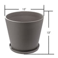 A brown plastic plant pot with a textured surface, accompanied by a matching saucer at the base. The pot has a top diameter of 15 inches and a height of 13 inches, as indicated by the measurement markings.15x13 Inch Brown Plastic Plant Pot with Saucer. brown plastic plant pot, plant pot with saucer, 15 - inch planter, 13 - inch height planter, textured planter