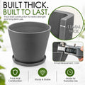 Kozyard planter features durable 11 mm thick-wall construction designed for strength, stability and everyday use. This sturdy large plant pot with matching saucer combines a modern textured finish with heavy-duty construction for medium to large plants, flowers and houseplants. Ideal as an indoor outdoor planter for living room, patio, porch, garden, office and entryway decor.