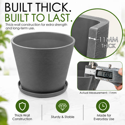 Kozyard planter features durable 11 mm thick-wall construction designed for strength, stability and everyday use. This sturdy large plant pot with matching saucer combines a modern textured finish with heavy-duty construction for medium to large plants, flowers and houseplants. Ideal as an indoor outdoor planter for living room, patio, porch, garden, office and entryway decor.