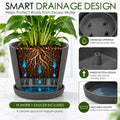 Kozyard large planter with smart drainage design features drainage openings, a raised bottom and matching saucer to help manage excess water and keep plant roots above standing water. This modern indoor outdoor plant pot supports healthier growing conditions for houseplants, flowers and greenery while helping keep patios, floors and living spaces cleaner with a practical saucer.