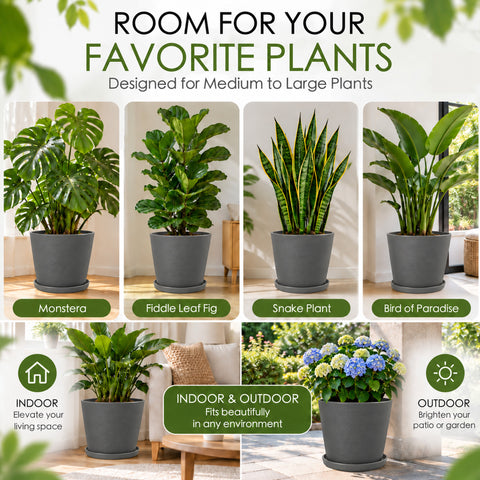 Kozyard large planter is designed for medium to large plants including Monstera, fiddle leaf fig, snake plant, bird of paradise and hydrangea. This modern black indoor outdoor plant pot with matching saucer offers versatile styling for houseplants, flowers and greenery. Ideal decorative planter for living room, office, entryway, patio, porch, balcony, garden and contemporary home decor.