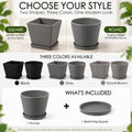 Kozyard modern planters are available in round and square shapes with black, gray and grayish brown color options for versatile indoor outdoor decor. Each plant pot includes one matching saucer and features a clean contemporary textured design for houseplants, flowers and greenery. Ideal large planter for living room, office, entryway, patio, porch, balcony, garden and modern home landscaping.