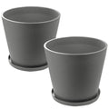 Two gray plastic plant pots with attached saucers, showcasing a sleek, functional design perfect for indoor or outdoor use.Gray Plastic Plant Pots with Saucers – Set of 2. Gray plastic plant pots, plant pots with saucers, plastic planters, set of 2 planters, indoor - outdoor planters