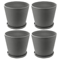 Four grey plastic plant pots with attached saucers are presented against a white background. The pots feature a textured surface, giving them a stylish and modern appearance, suitable for both indoor and outdoor plant display.Set of 4 Grey Plastic Plant Pots with Saucers.grey plastic plant pots, plant pots with saucers, set of 4 planters, textured planters, indoor - outdoor planters
