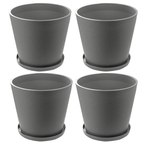 Four grey plastic plant pots with attached saucers are presented against a white background. The pots feature a textured surface, giving them a stylish and modern appearance, suitable for both indoor and outdoor plant display.Set of 4 Grey Plastic Plant Pots with Saucers.grey plastic plant pots, plant pots with saucers, set of 4 planters, textured planters, indoor - outdoor planters
