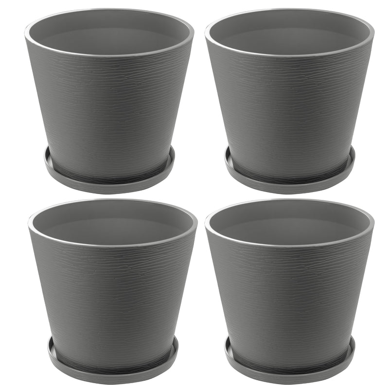 Four grey plastic plant pots with attached saucers are presented against a white background. The pots feature a textured surface, giving them a stylish and modern appearance, suitable for both indoor and outdoor plant display.Set of 4 Grey Plastic Plant Pots with Saucers.grey plastic plant pots, plant pots with saucers, set of 4 planters, textured planters, indoor - outdoor planters
