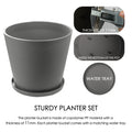 This image presents a gray plastic planter set. The main planter bucket is shown with a close - up of its 11mm thickness measured by a digital caliper. There are also insets of the inside bottom of the pot and the water tray that comes with the planter. The text "STURDY PLANTER SET" emphasizes the quality of the product, stating that the planter bucket is made of copolymer PP material with a thickness of 11mm and includes a matching water tray.Sturdy Gray Plastic Planter Set: 11mm Copolymer PP Material. 