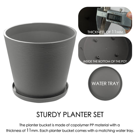 This image presents a gray plastic planter set. The main planter bucket is shown with a close - up of its 11mm thickness measured by a digital caliper. There are also insets of the inside bottom of the pot and the water tray that comes with the planter. The text "STURDY PLANTER SET" emphasizes the quality of the product, stating that the planter bucket is made of copolymer PP material with a thickness of 11mm and includes a matching water tray.Sturdy Gray Plastic Planter Set: 11mm Copolymer PP Material. 