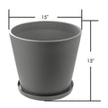 A gray plastic plant pot with a textured surface, accompanied by a matching saucer at the base. The pot has a top diameter of 15 inches and a height of 13 inches, as indicated by the measurement markings.15x13 Inch Gray Plastic Plant Pot with Saucer. gray plastic plant pot, plant pot with saucer, 15 - inch planter, 13 - inch height planter, textured planter