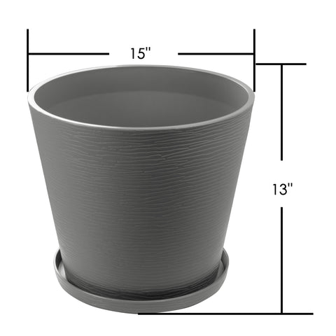 A gray plastic plant pot with a textured surface, accompanied by a matching saucer at the base. The pot has a top diameter of 15 inches and a height of 13 inches, as indicated by the measurement markings.15x13 Inch Gray Plastic Plant Pot with Saucer. gray plastic plant pot, plant pot with saucer, 15 - inch planter, 13 - inch height planter, textured planter