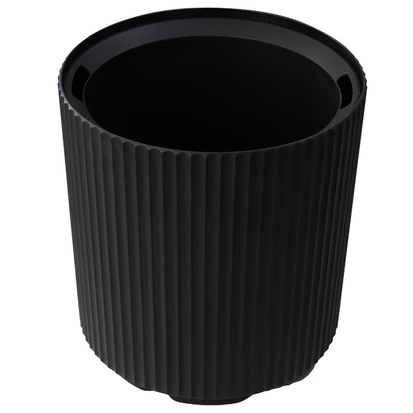 This is a black plastic planter pot with a cylindrical shape. The exterior of the pot features vertical ribbed patterns, adding a textured and stylish look. The top edge of the pot has cut - out sections, likely for easy handling. The interior of the pot is empty, ready for planting. Stylish Black Plastic Planter Pot with Ribbed Design. black plastic planter, ribbed planter pot, cylindrical planter, plastic planting pot, decorative planter