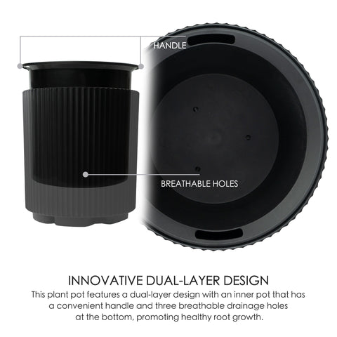 This image showcases a black plastic plant pot with an innovative dual - layer design. The left side of the image shows the exterior of the pot with vertical ribbed patterns, while the right side presents the inner pot with its bottom visible, highlighting the handle and three breathable drainage holes. The text below the image reads "INNOVATIVE DUAL - LAYER DESIGN" and explains that the inner pot has a convenient handle and three breathable drainage holes at the bottom to promote healthy root growth.
