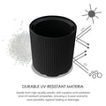 This image features a black plastic plant pot with vertical ribbed texture. Graphic elements around the pot, including representations of UV rays and oxygen molecules, highlight its durability features. The text "DURABLE UV - RESISTANT MATERIA" emphasizes the pot's material quality. Below, it explains that the pot is made from high - quality plastic with anti - oxidation and UV - resistant properties, offering a 3 - year warranty and protection against fading or damage. UV - resistant planter