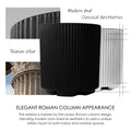 This image showcases a black plastic plant pot with a design inspired by Roman columns. The main pot in the center is flanked by images: a close - up of the pot's textured surface on the top left, and a portion of an actual Roman column at the bottom left. The text "Modern And Classical Aesthetics" and "ELEGANT ROMAN COLUMN APPEARANCE" highlight the design concept. It explains that the pot's exterior blends modern and classical styles, drawing inspiration from classic Roman column designs.