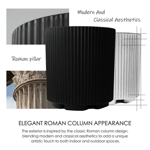 This image showcases a black plastic plant pot with a design inspired by Roman columns. The main pot in the center is flanked by images: a close - up of the pot's textured surface on the top left, and a portion of an actual Roman column at the bottom left. The text "Modern And Classical Aesthetics" and "ELEGANT ROMAN COLUMN APPEARANCE" highlight the design concept. It explains that the pot's exterior blends modern and classical styles, drawing inspiration from classic Roman column designs.