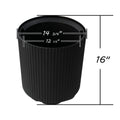 This image shows a black plastic plant pot with vertical ribbed patterns. The pot has dimensions labeled: the outer diameter at the top is 14 3/4 inches, the inner diameter at the top is 12 1/2 inches, and the height of the pot is 16 inches.Black Plastic Plant Pot with Dimensions: 14 3/4" x 12 1/2" x 16".black plastic plant pot, ribbed planter, plant pot dimensions, 14 3/4 inch planter, 16 - inch tall planter
