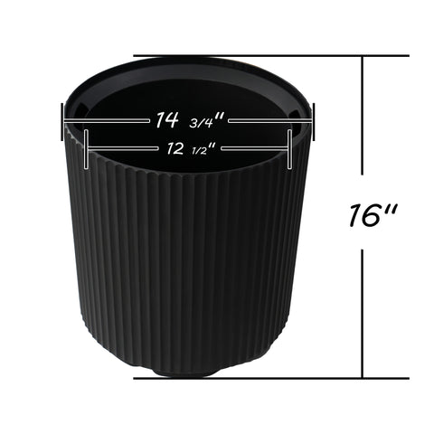 This image shows a black plastic plant pot with vertical ribbed patterns. The pot has dimensions labeled: the outer diameter at the top is 14 3/4 inches, the inner diameter at the top is 12 1/2 inches, and the height of the pot is 16 inches.Black Plastic Plant Pot with Dimensions: 14 3/4" x 12 1/2" x 16".black plastic plant pot, ribbed planter, plant pot dimensions, 14 3/4 inch planter, 16 - inch tall planter