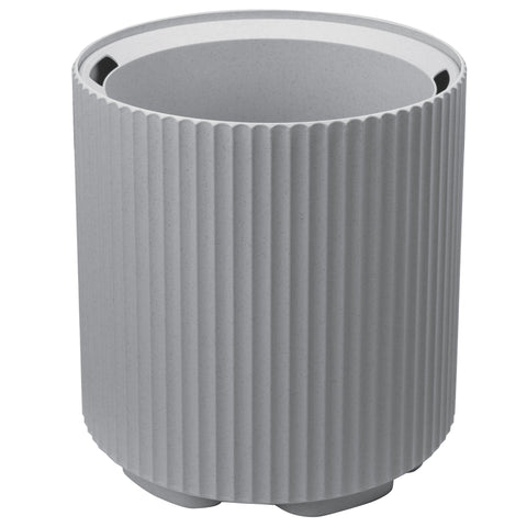 This is a gray plastic planter pot with a cylindrical shape. The exterior of the pot features vertical ribbed patterns, adding a textured and stylish look. The top edge of the pot has cut - out sections, likely for easy handling. The interior of the pot is empty, ready for planting. Stylish Gray Plastic Planter Pot with Ribbed Design. gray plastic planter, ribbed planter pot, cylindrical planter, plastic planting pot, decorative planter