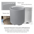 This image showcases a gray plastic plant pot with a design inspired by Roman columns. The main pot in the center is flanked by images: a close - up of the pot's textured surface on the top left, and a portion of an actual Roman column at the bottom left. The text "Modern And Classical Aesthetics" and "ELEGANT ROMAN COLUMN APPEARANCE" highlight the design concept. It explains that the pot's exterior blends modern and classical styles, drawing inspiration from classic Roman column designs.