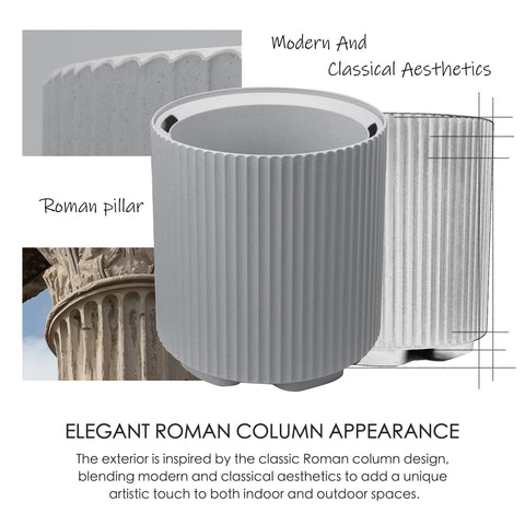 This image showcases a gray plastic plant pot with a design inspired by Roman columns. The main pot in the center is flanked by images: a close - up of the pot's textured surface on the top left, and a portion of an actual Roman column at the bottom left. The text "Modern And Classical Aesthetics" and "ELEGANT ROMAN COLUMN APPEARANCE" highlight the design concept. It explains that the pot's exterior blends modern and classical styles, drawing inspiration from classic Roman column designs.