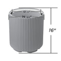 This image shows a gray plastic plant pot with vertical ribbed patterns. The pot has dimensions labeled: the outer diameter at the top is 14 3/4 inches, the inner diameter at the top is 12 1/2 inches, and the height of the pot is 16 inches.Gray Plastic Plant Pot with Dimensions: 14 3/4" x 12 1/2" x 16".gray plastic plant pot, ribbed planter, plant pot dimensions, 14 3/4 inch planter, 16 - inch tall planter