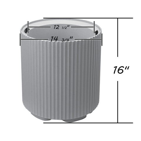 This image shows a gray plastic plant pot with vertical ribbed patterns. The pot has dimensions labeled: the outer diameter at the top is 14 3/4 inches, the inner diameter at the top is 12 1/2 inches, and the height of the pot is 16 inches.Gray Plastic Plant Pot with Dimensions: 14 3/4" x 12 1/2" x 16".gray plastic plant pot, ribbed planter, plant pot dimensions, 14 3/4 inch planter, 16 - inch tall planter