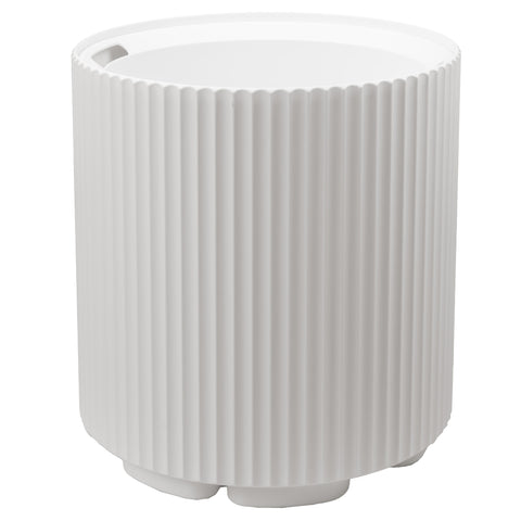 This is a white plastic planter pot with a cylindrical shape. The exterior of the pot features vertical ribbed patterns, adding a textured and stylish look. The top edge of the pot has cut - out sections, likely for easy handling. The interior of the pot is empty, ready for planting. Stylish White Plastic Planter Pot with Ribbed Design. white plastic planter, ribbed planter pot, cylindrical planter, plastic planting pot, decorative planter