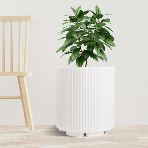 A sleek white plastic planter pot with vertical ribbed texture holds a lush green plant. The planter is placed on a light - toned wooden floor next to a simple, light - colored wooden chair, set against a plain white background. The combination of the modern - looking pot and the natural greenery creates a stylish and minimalist indoor scene. Modern White Plastic Planter Pot: Stylish Indoor Greenery.white plastic planter, ribbed planter pot, indoor plant pot, modern planter, minimalist planter.