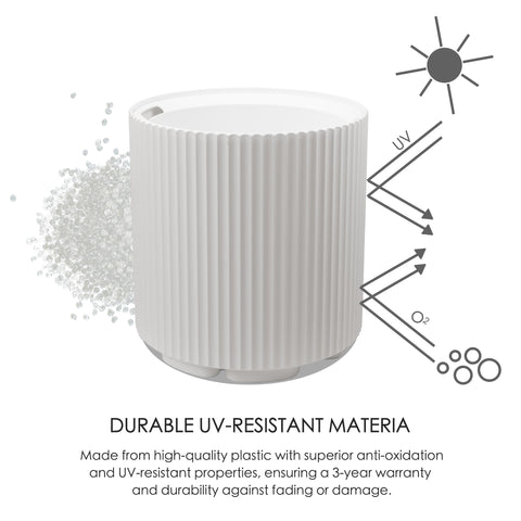 This image features a white plastic plant pot with vertical ribbed texture. Graphic elements around the pot, including representations of UV rays and oxygen molecules, highlight its durability features. The text "DURABLE UV - RESISTANT MATERIA" emphasizes the pot's material quality. Below, it explains that the pot is made from high - quality plastic with anti - oxidation and UV - resistant properties, offering a 3 - year warranty and protection against fading or damage. UV - resistant planter