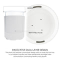This image showcases a white plastic plant pot with an innovative dual - layer design. The left side of the image shows the exterior of the pot with vertical ribbed patterns, while the right side presents the inner pot with its bottom visible, highlighting the handle and three breathable drainage holes. The text below the image reads "INNOVATIVE DUAL - LAYER DESIGN" and explains that the inner pot has a convenient handle and three breathable drainage holes at the bottom to promote healthy root growth.