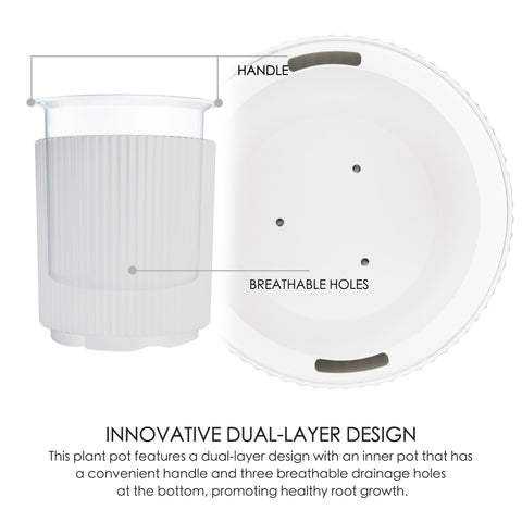 This image showcases a white plastic plant pot with an innovative dual - layer design. The left side of the image shows the exterior of the pot with vertical ribbed patterns, while the right side presents the inner pot with its bottom visible, highlighting the handle and three breathable drainage holes. The text below the image reads "INNOVATIVE DUAL - LAYER DESIGN" and explains that the inner pot has a convenient handle and three breathable drainage holes at the bottom to promote healthy root growth.