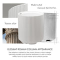This image showcases a white plastic plant pot with a design inspired by Roman columns. The main pot in the center is flanked by images: a close - up of the pot's textured surface on the top left, and a portion of an actual Roman column at the bottom left. The text "Modern And Classical Aesthetics" and "ELEGANT ROMAN COLUMN APPEARANCE" highlight the design concept. It explains that the pot's exterior blends modern and classical styles, drawing inspiration from classic Roman column designs.