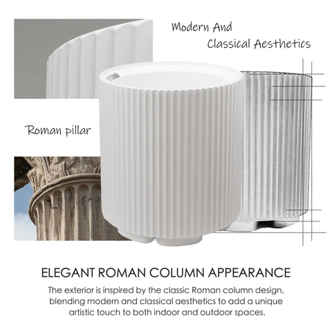 This image showcases a white plastic plant pot with a design inspired by Roman columns. The main pot in the center is flanked by images: a close - up of the pot's textured surface on the top left, and a portion of an actual Roman column at the bottom left. The text "Modern And Classical Aesthetics" and "ELEGANT ROMAN COLUMN APPEARANCE" highlight the design concept. It explains that the pot's exterior blends modern and classical styles, drawing inspiration from classic Roman column designs.