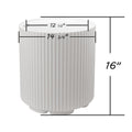 This image shows a white plastic plant pot with vertical ribbed patterns. The pot has dimensions labeled: the outer diameter at the top is 14 3/4 inches, the inner diameter at the top is 12 1/2 inches, and the height of the pot is 16 inches.White Plastic Plant Pot with Dimensions: 14 3/4" x 12 1/2" x 16".white plastic plant pot, ribbed planter, plant pot dimensions, 14 3/4 inch planter, 16 - inch tall planter