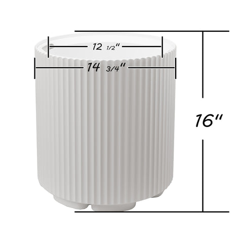 This image shows a white plastic plant pot with vertical ribbed patterns. The pot has dimensions labeled: the outer diameter at the top is 14 3/4 inches, the inner diameter at the top is 12 1/2 inches, and the height of the pot is 16 inches.White Plastic Plant Pot with Dimensions: 14 3/4" x 12 1/2" x 16".white plastic plant pot, ribbed planter, plant pot dimensions, 14 3/4 inch planter, 16 - inch tall planter