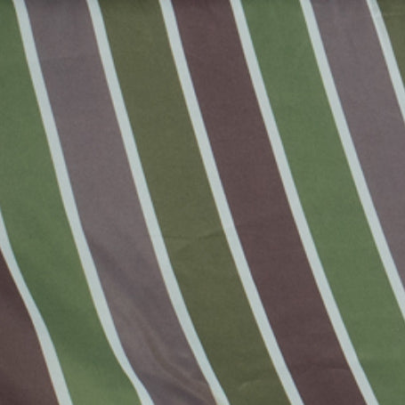 A close - up view of the fabric used on a swing chair, featuring a pattern of vertical stripes in shades of green, brown, and white. The stripes create a visually appealing and classic design, suitable for outdoor furniture. Stylish Striped Fabric for Swing Chair. swing chair fabric, striped outdoor fabric, green and brown striped fabric, patio furniture fabric, outdoor swing material.