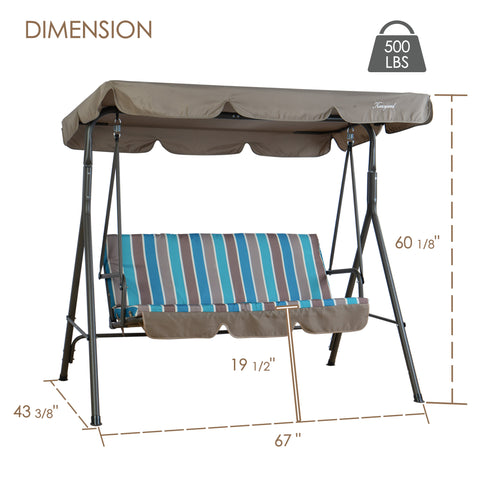 kozyard patio swing chair dimensions, 60 1/8" height 67" width 500 lbs weight capacity, detailed size specs for outdoor porch swing with canopy and cushion
