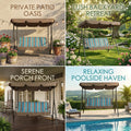 kozyard patio swing chair usage scenarios, private patio backyard porch poolside, outdoor porch swing with canopy and cushion for garden relaxation
