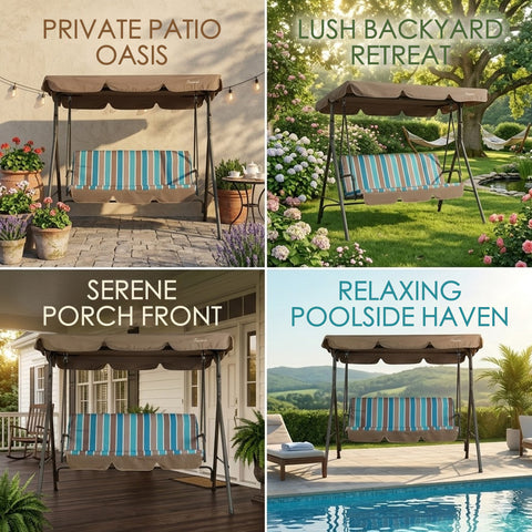 kozyard patio swing chair usage scenarios, private patio backyard porch poolside, outdoor porch swing with canopy and cushion for garden relaxation
